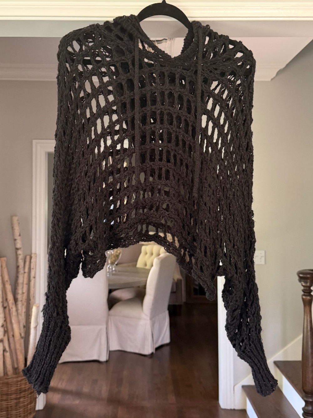 Black Boho Beach Crochet Sweater with hoodie - One Size